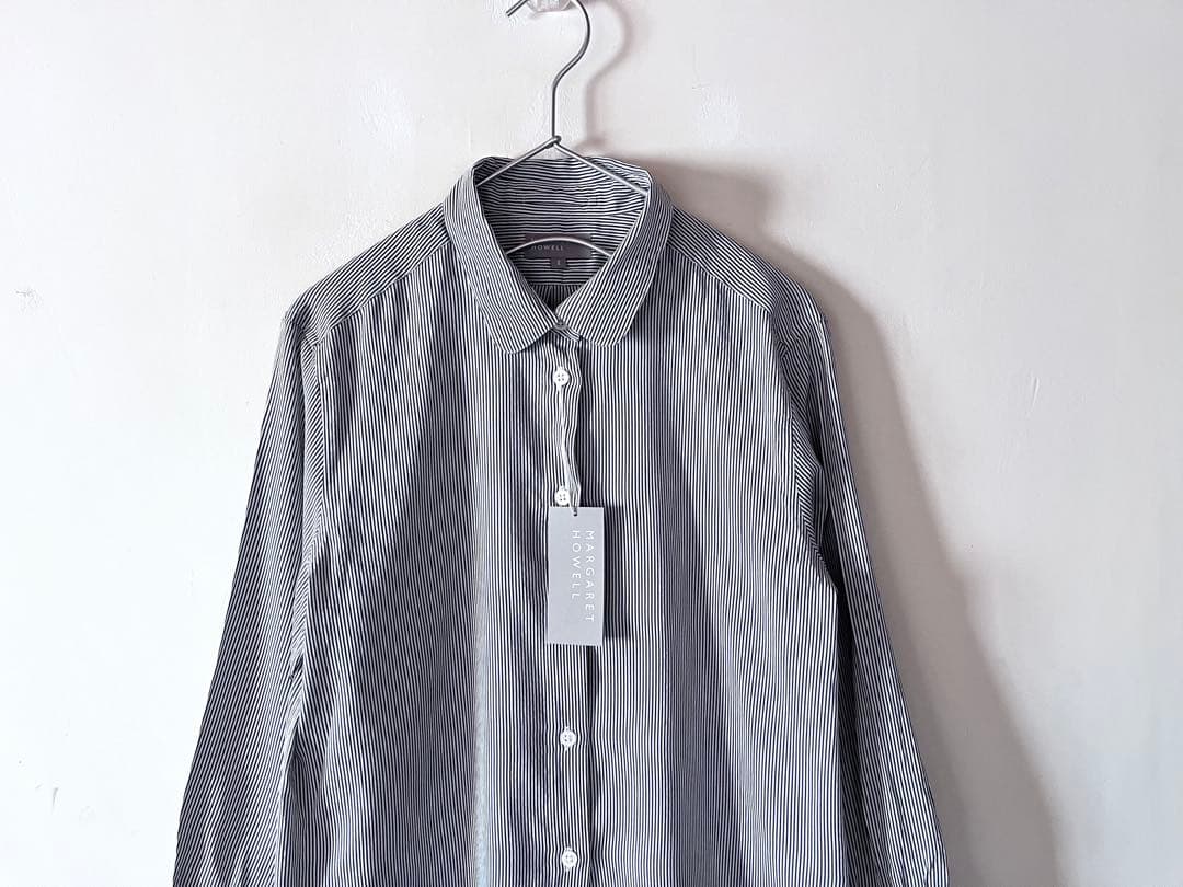 新品タグ付 マーガレットハウエル コットンシルク丸襟ストライプシャツ 3.4万