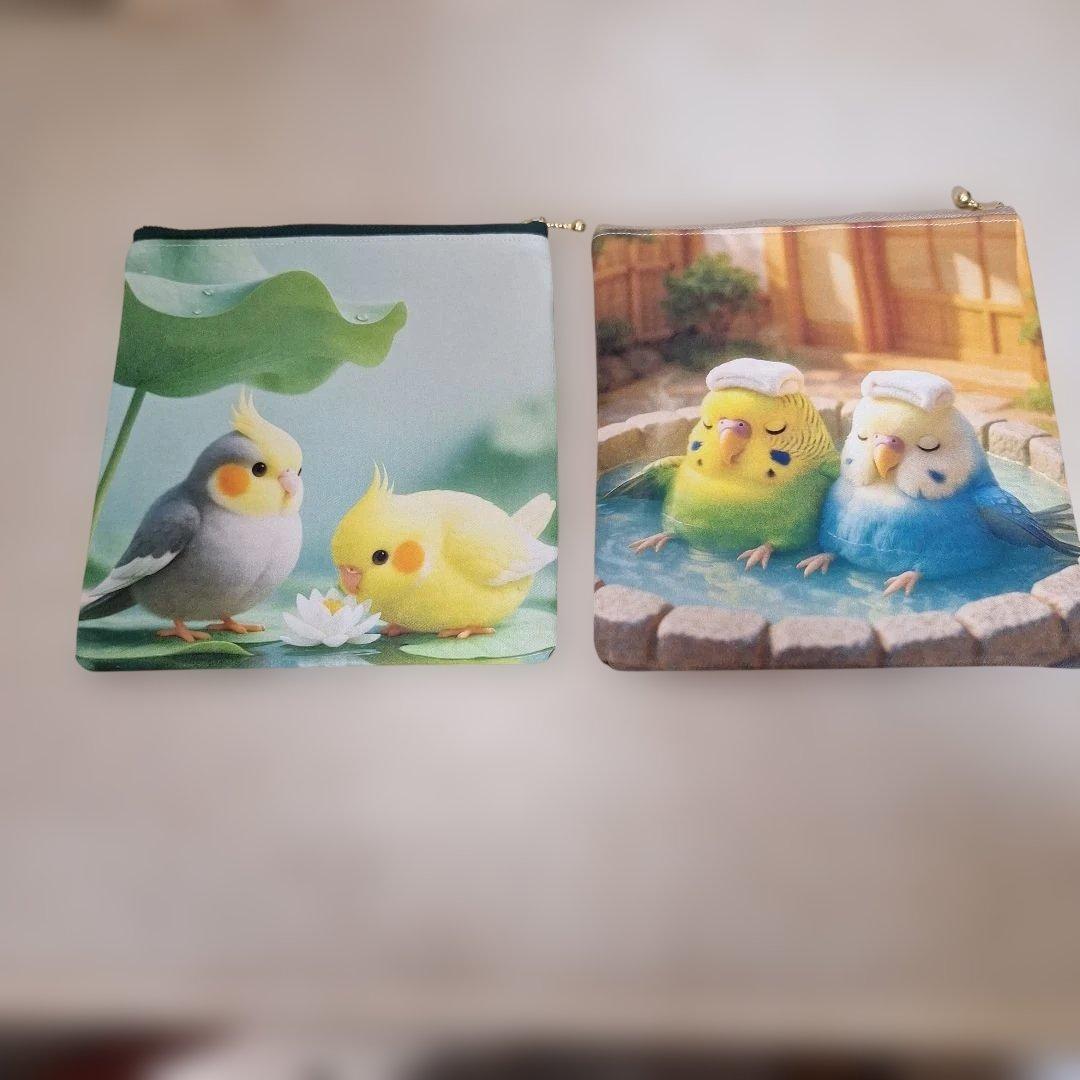 インコパネル生地　ハンドメイド　まちなしバッグ　フラットポーチ