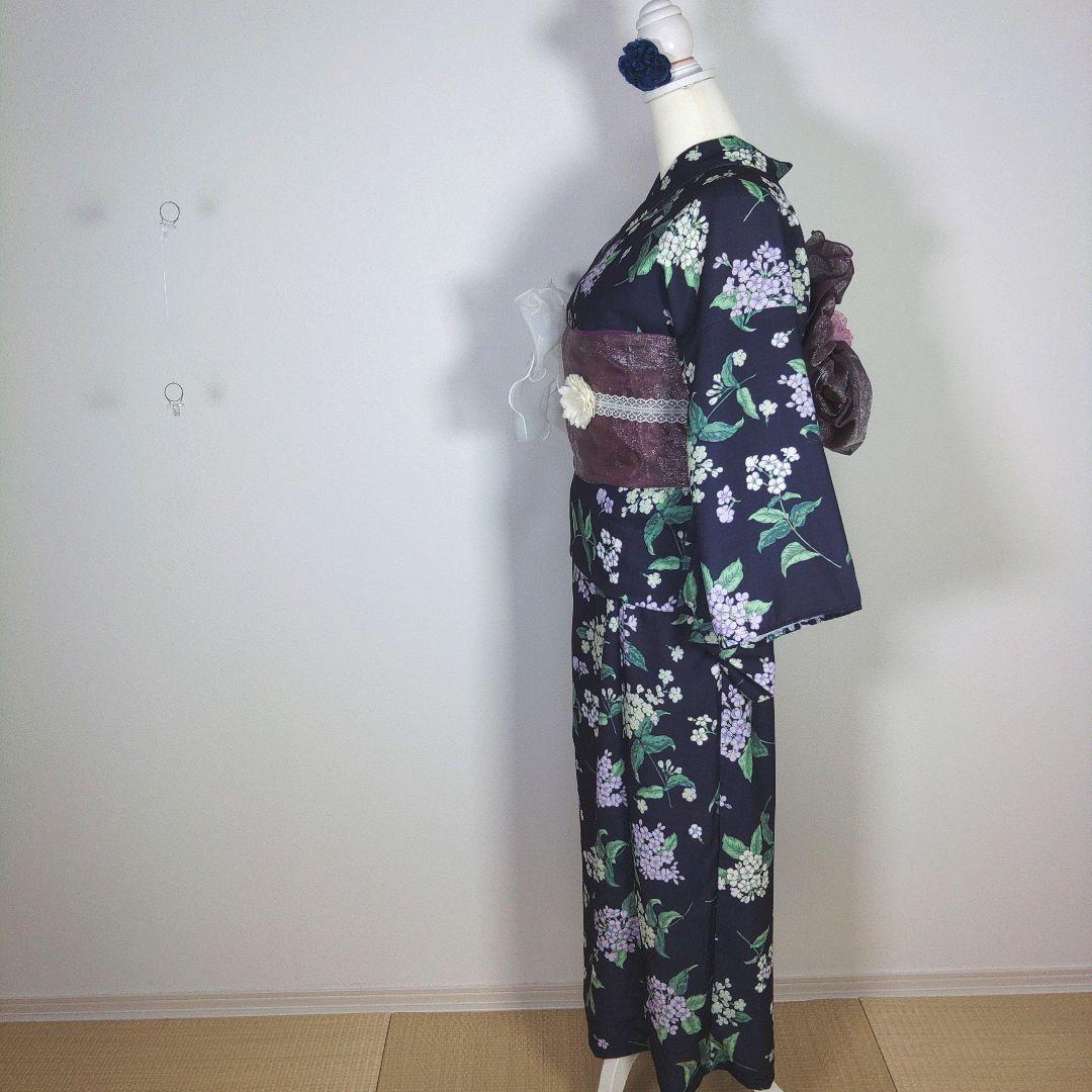 セパレート　二部式　レディース　浴衣　フリーサイズ　ネイビー　花柄　兵児帯　新品