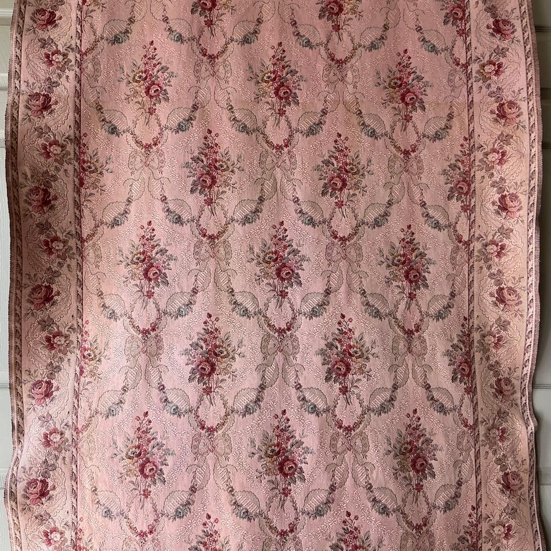 【大判】フランスアンティーク　ジャガード織り　ジャカード　生地　サーモンピンク