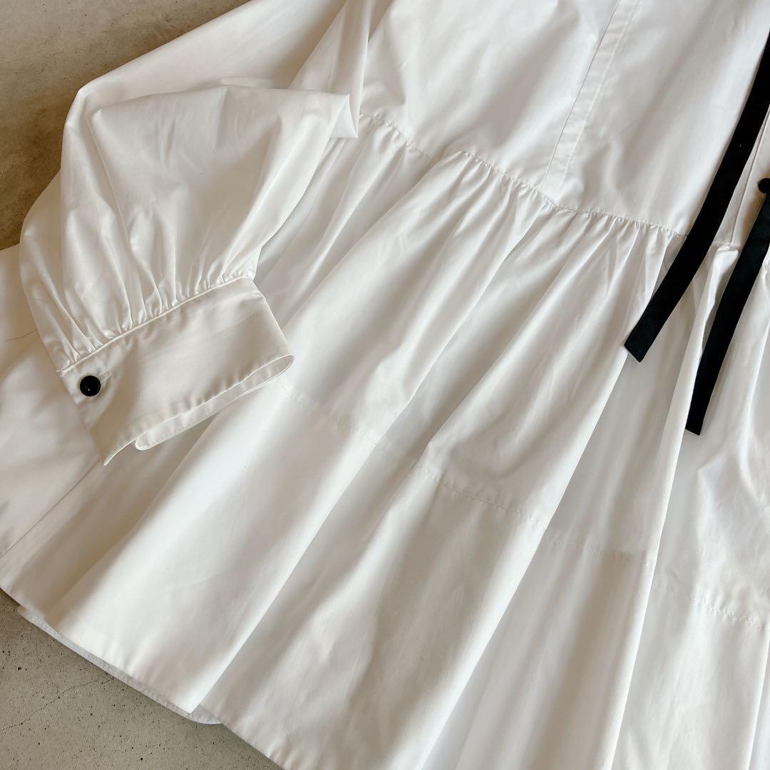 美品✦ฺCADUNE カデュネ　ボウ付きシャツチュニック　ホワイトブラック　洗える