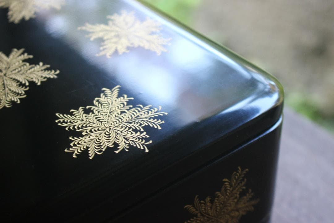 デッドストック！端正な内朱黒漆に優美なシノブ沈金の映える輪島塗二段重重箱お重