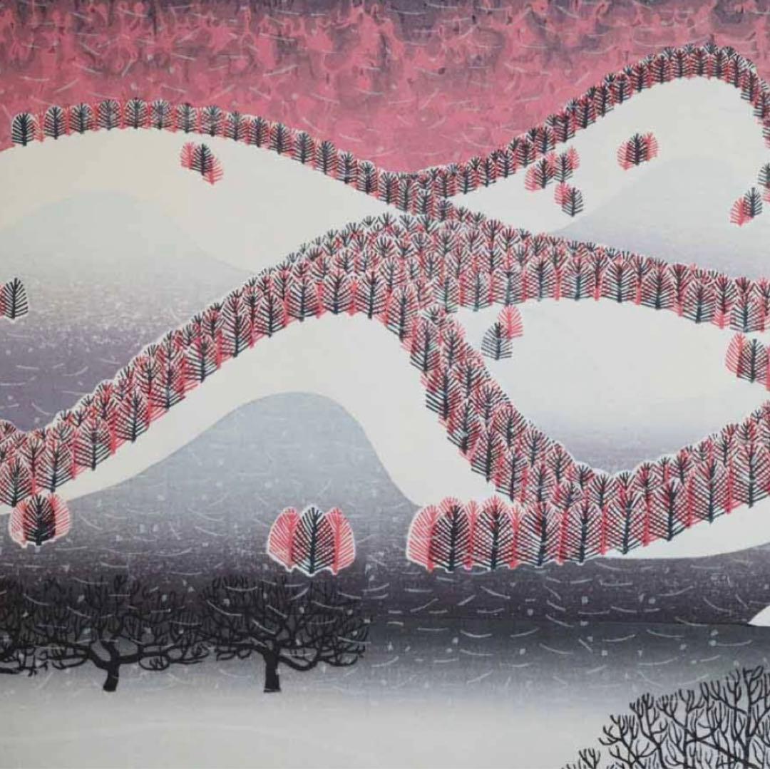 牧野宗則「紅木立　1984」静岡市　木版画　額装