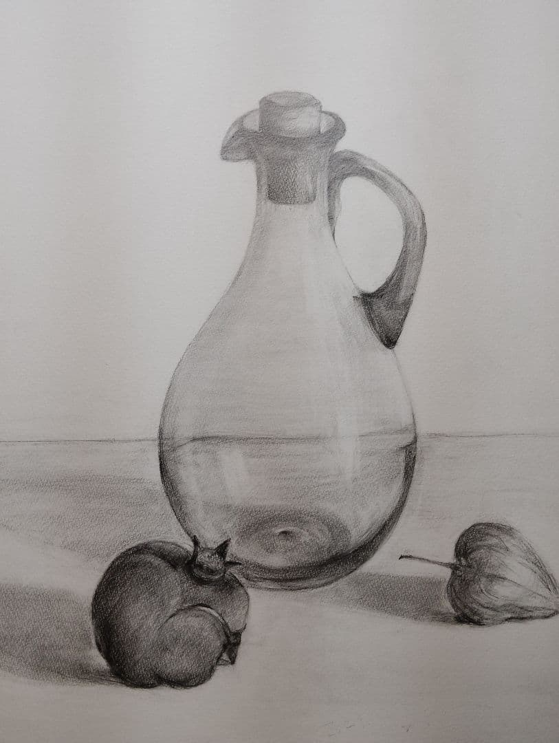 静物画 鉛筆画 『ガラスの容器と果物』縦55㌢横35㌢