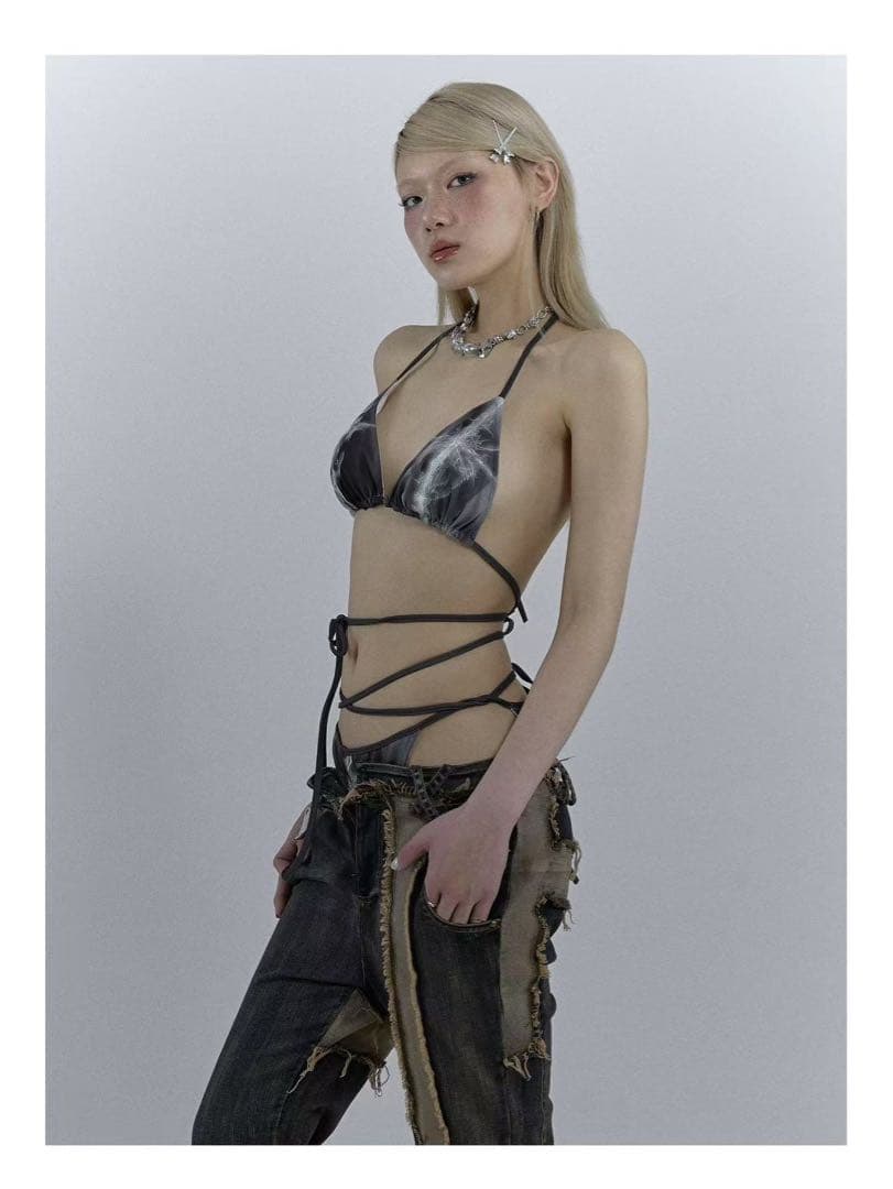 NO ROMANCE Y2Kギャルストラップビキニ水着セットブラック十字架