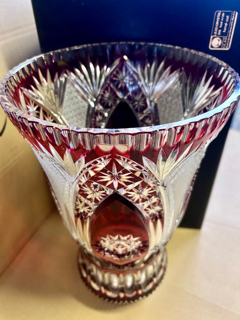 ドイツLAUSITZER ラウジッツァー ハンドカット赤披 クリスタルガラス花瓶