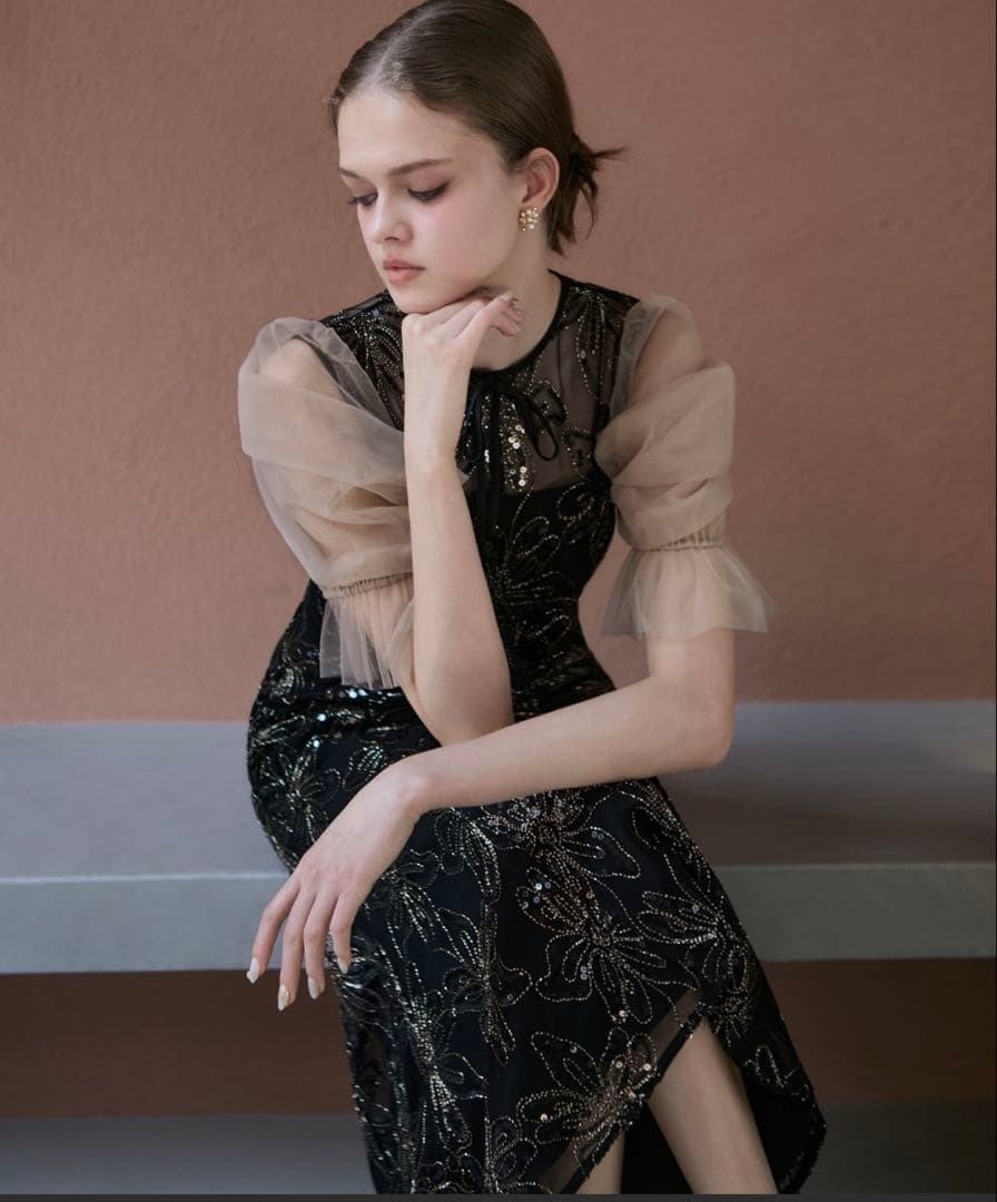 【Laja】スパンコールリボンチュールワンピースドレス