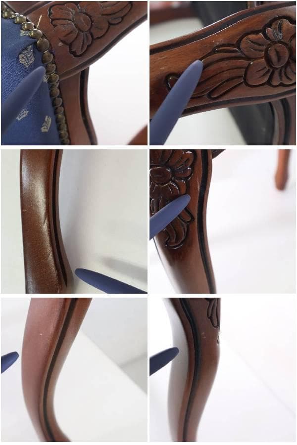 イタリア製クラシカル家具 猫脚 スツール 布張り ネイビー 鋲打ち 彫刻