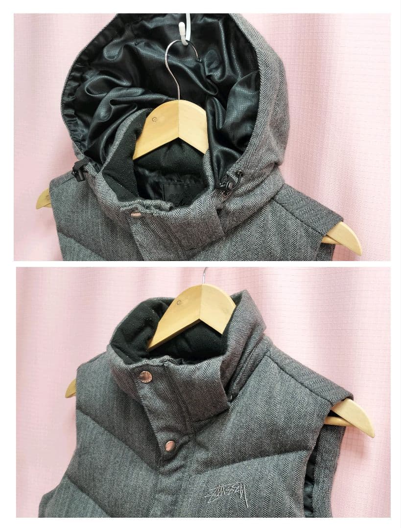 2WAY ダウンベスト Stussy ヘリンボーン モノグラム　グレー　Mサイズ