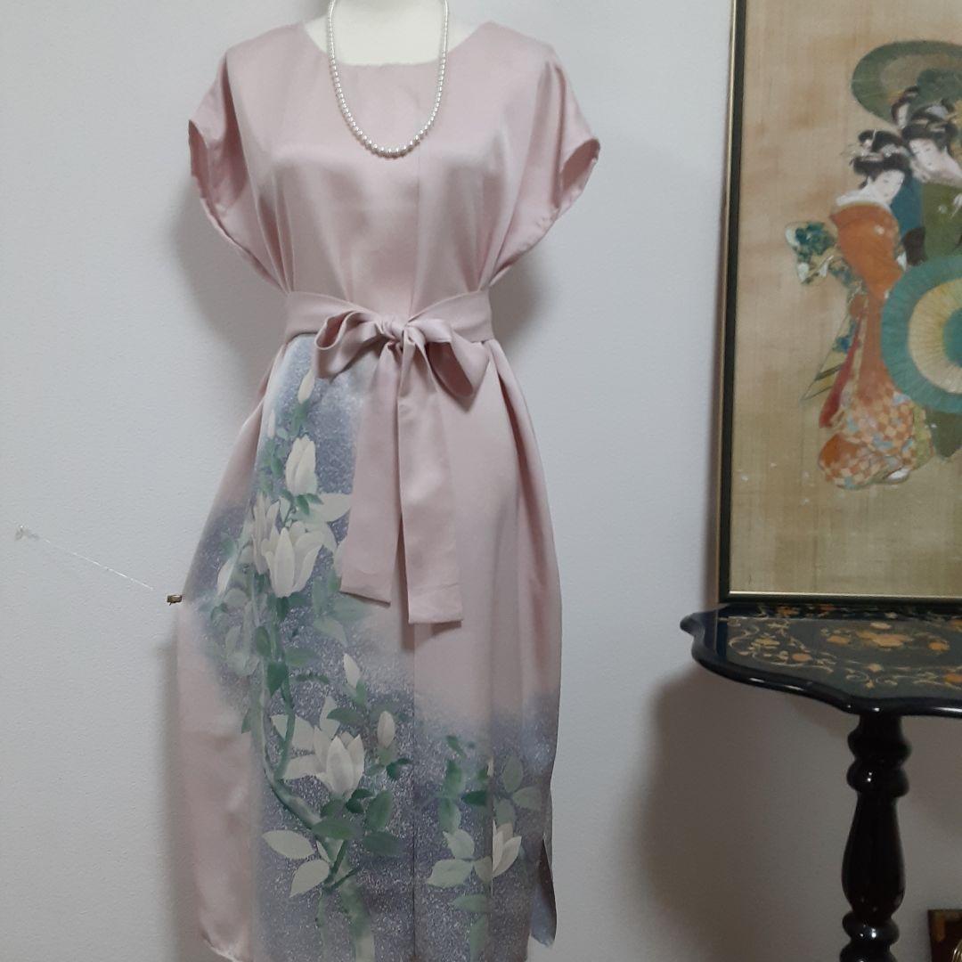 リメイク着物ロングワンピースボレロ付き正絹Ｌ着丈115センチ