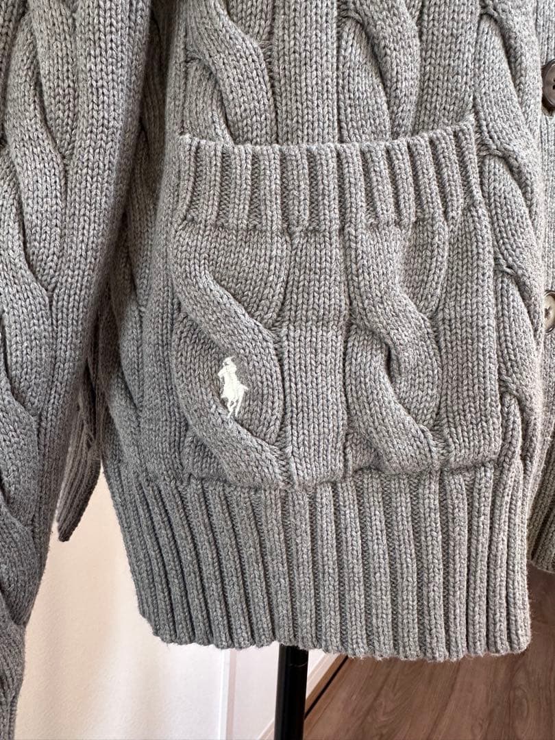 ポロラルフローレン カーディガン ケーブルニット グレー 刺繍ロゴ　S-M 綿