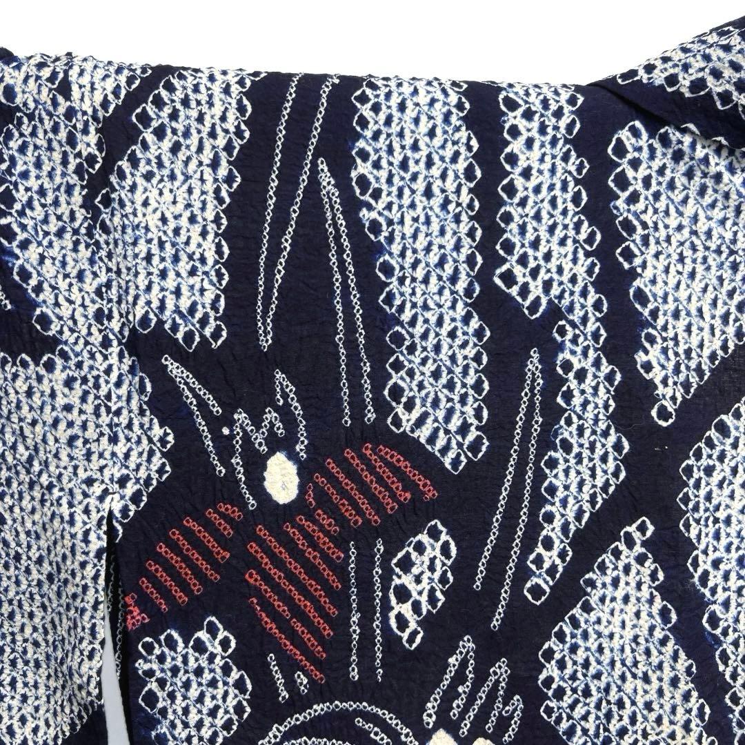 浴衣　有松鳴海絞り　桐の花　ネイビー　藍染　リーフ　着物　063a d