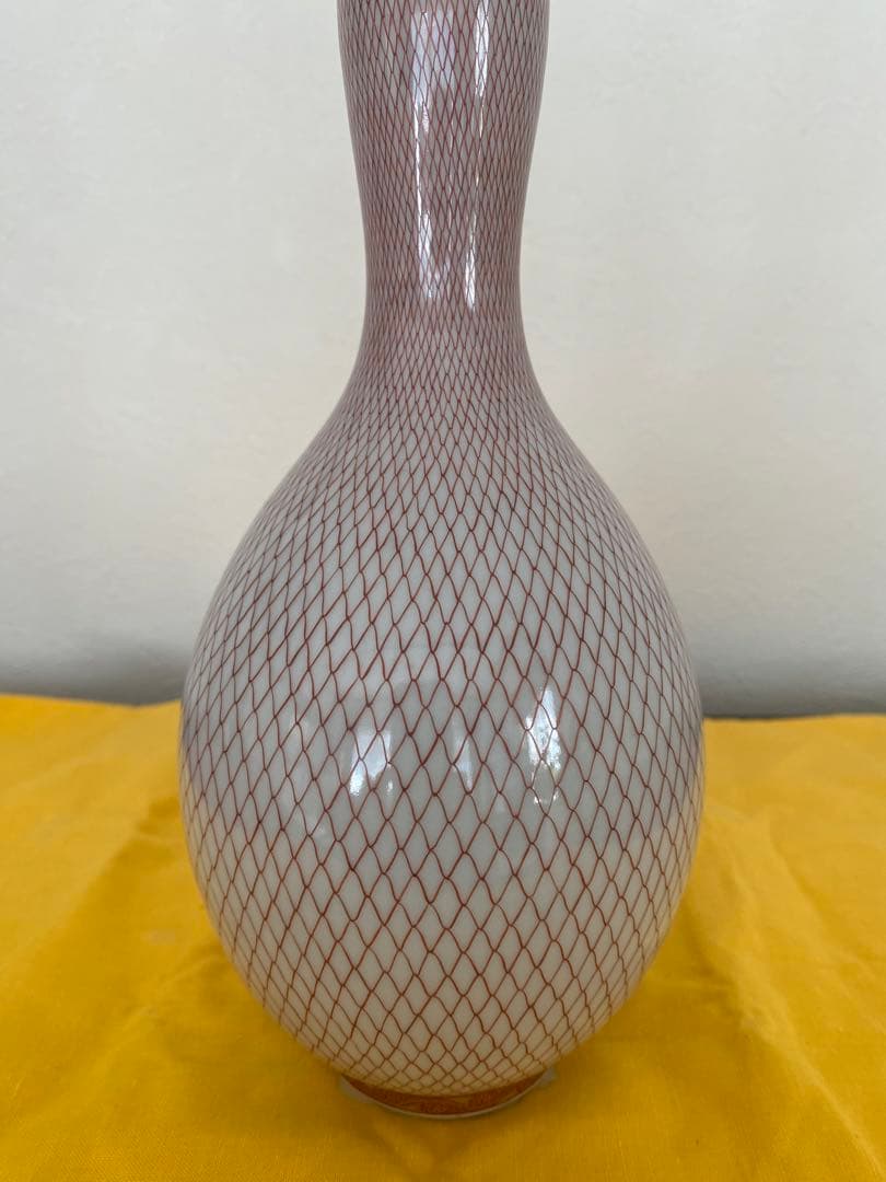 佐野窯福島武山　作　赤網手　花瓶