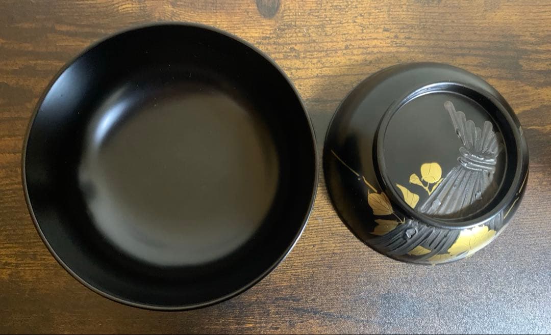 沈金蒔絵　木製漆塗吸物椀10客　時代物　お椀　汁椀　貝細工　芍薬　結び切り