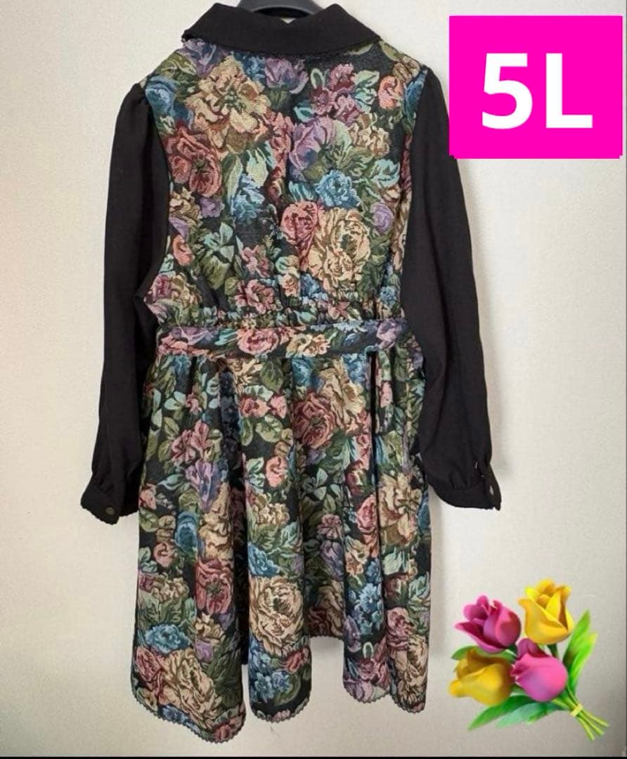 【希少・5L】新品 くる実 長袖ゴブラン織膝丈ワンピース 黒 ノエルドメモワール