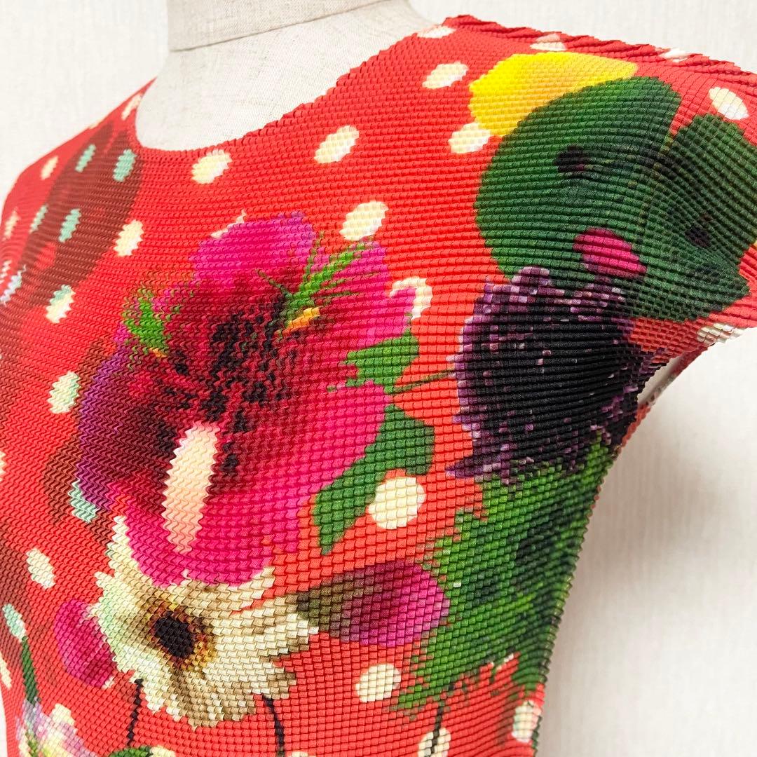 イッセイミヤケ ボックスプリーツ ドット柄 花柄 ブラウス カットソー オレンジ