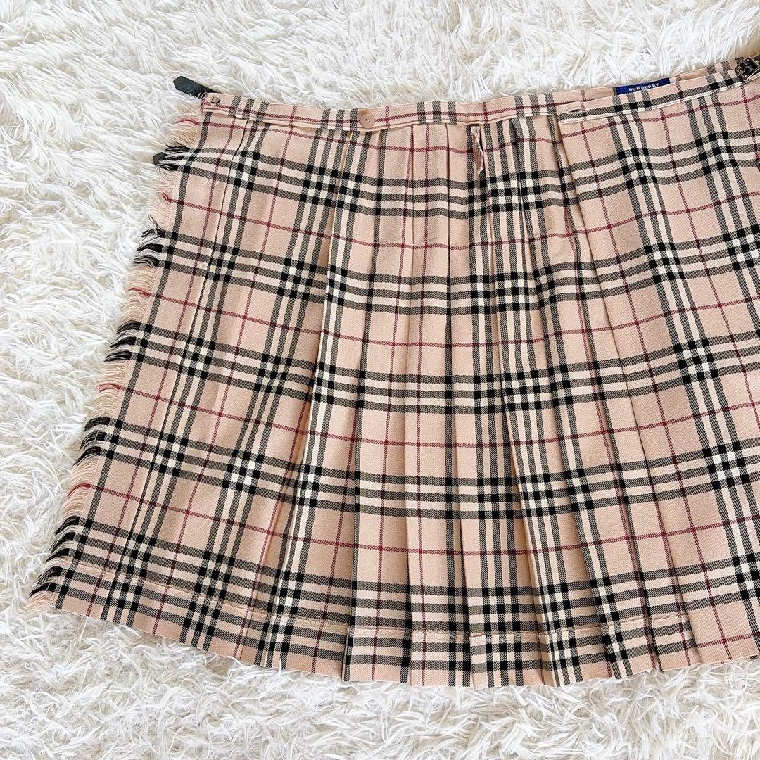 【バーバリーブルーレーベル】ベルトラッププリーツスカート フリンジ ノバチェック