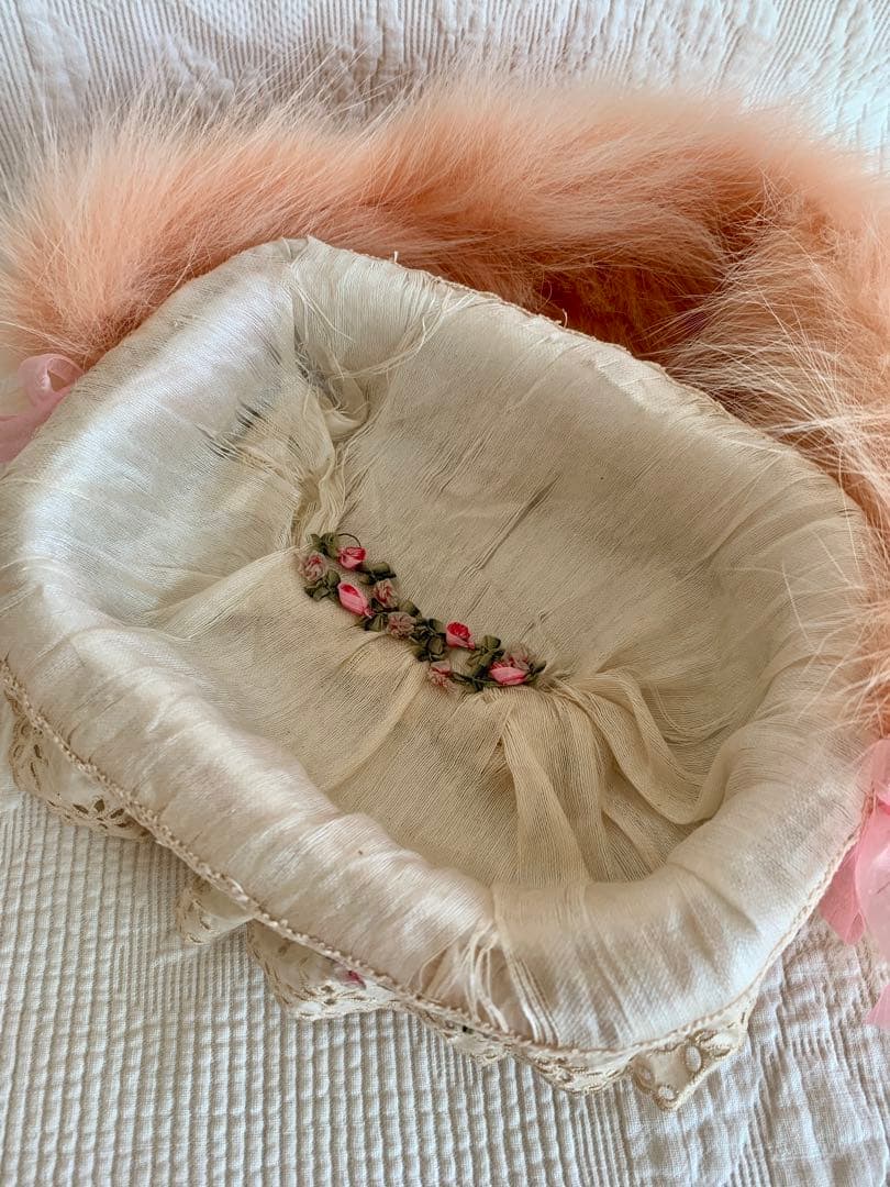 フランスアンティークカットワークレースフラワーガールバスケット＋ミニクッション