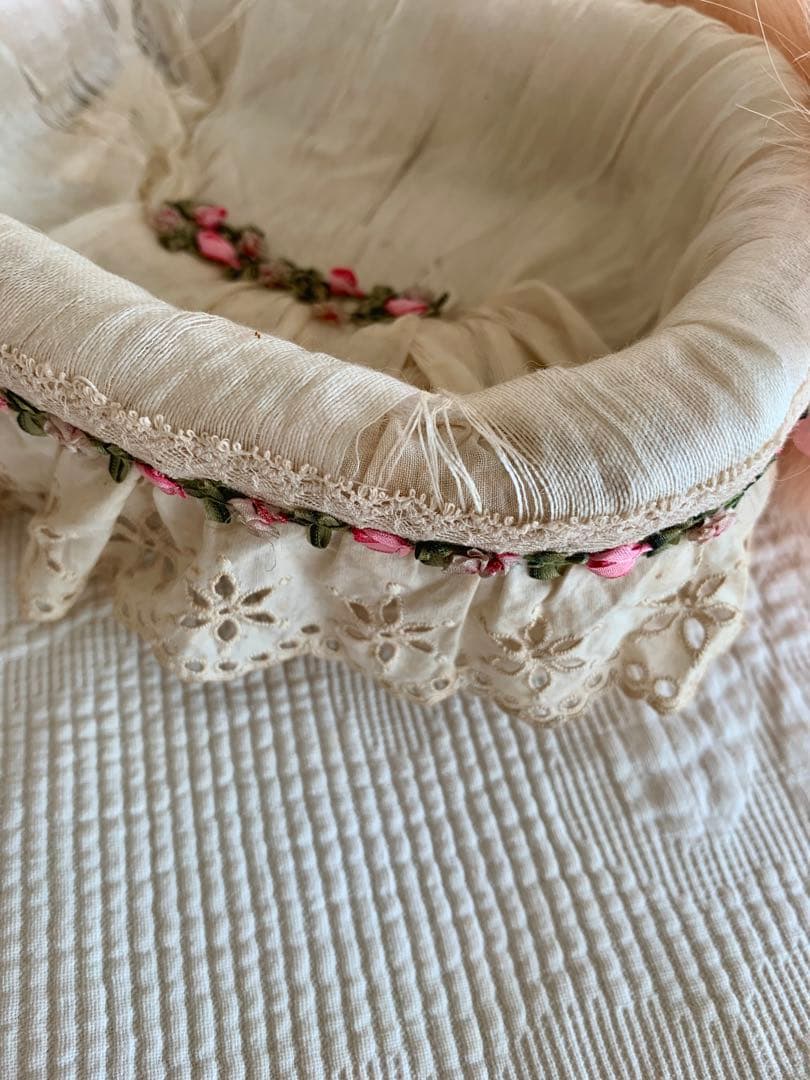 フランスアンティークカットワークレースフラワーガールバスケット＋ミニクッション