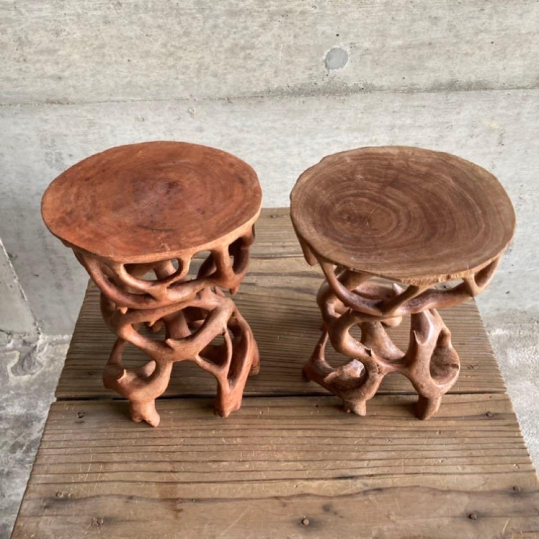 根卓 花台 香炉台 置物台 飾り台 盆栽 台座 オブジェ 木製 2点 レトロ