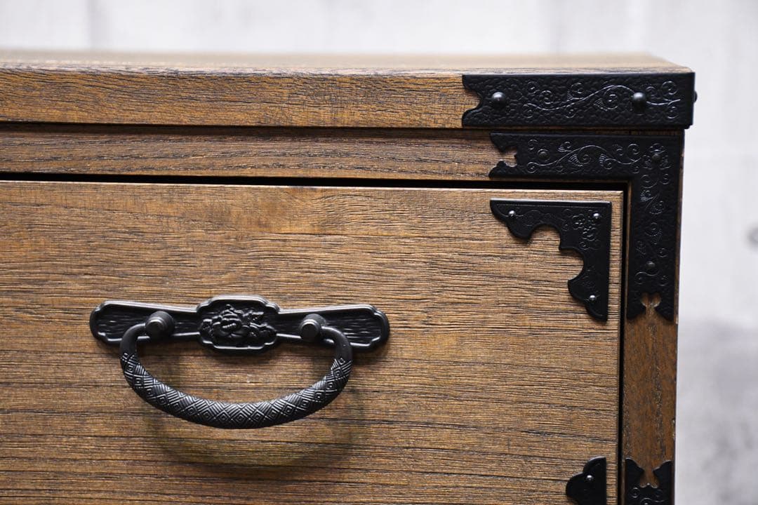 EFK86 焼桐調うづくり時代仕上げ 牡丹 ハイチェスト 5段 桐たんす 桐箪笥