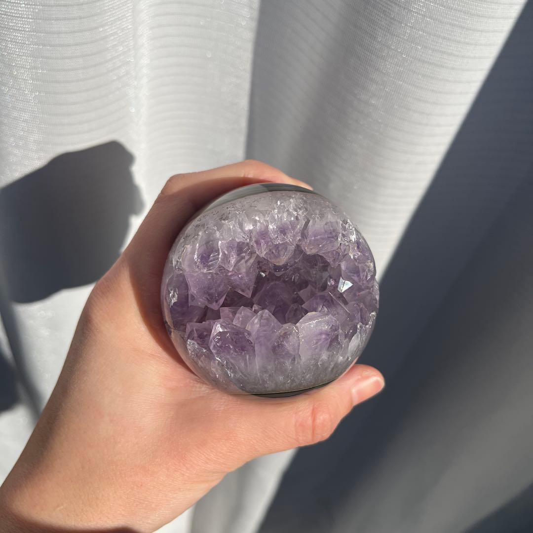 【天然石】レア★瑪瑙 メノウ アメジスト共生 笑口　龍穴　スフィア　丸玉