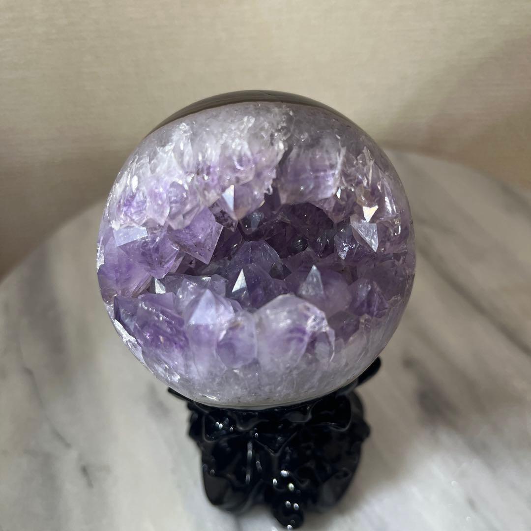 【天然石】レア★瑪瑙 メノウ アメジスト共生 笑口　龍穴　スフィア　丸玉