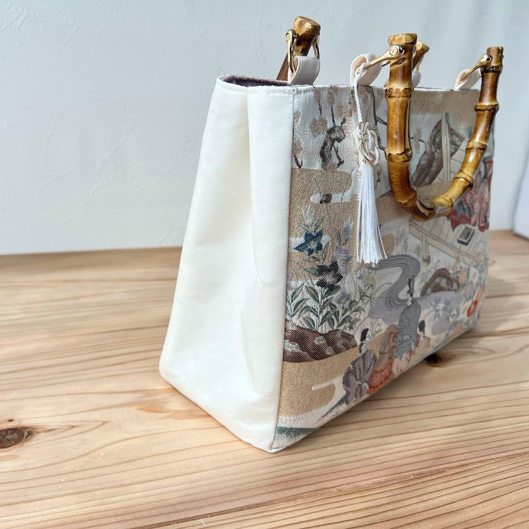 平安絵巻物バッグ 帯 リメイクバッグ 本金箔 バンブー トート 和装バッグ