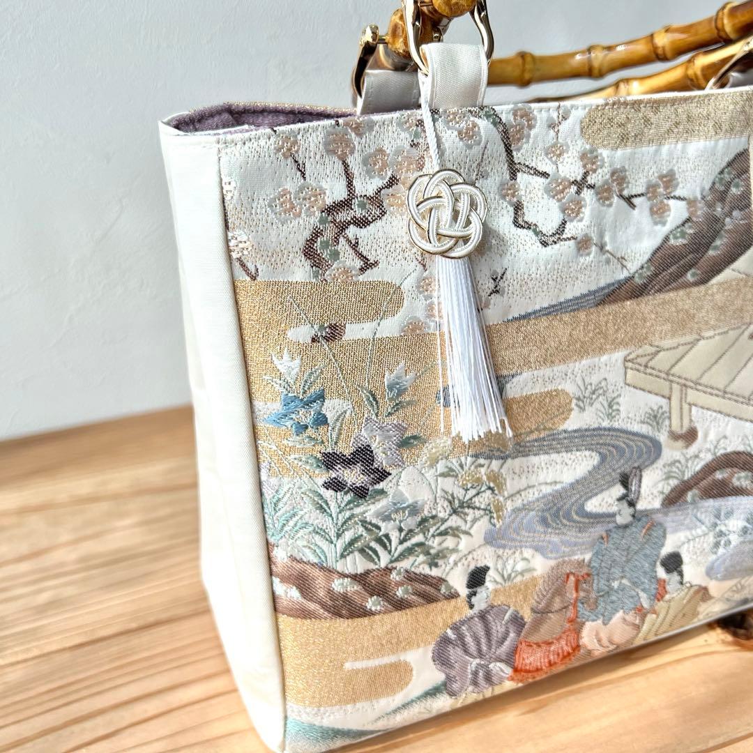 平安絵巻物バッグ 帯 リメイクバッグ 本金箔 バンブー トート 和装バッグ