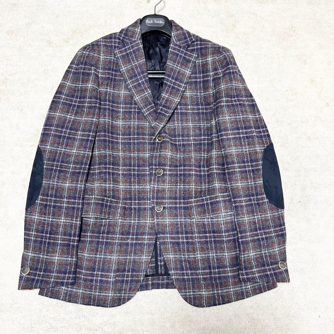 美品　カルーゾ　CARUSO ウールテーラージャケット　エルボーパッチ　チェック