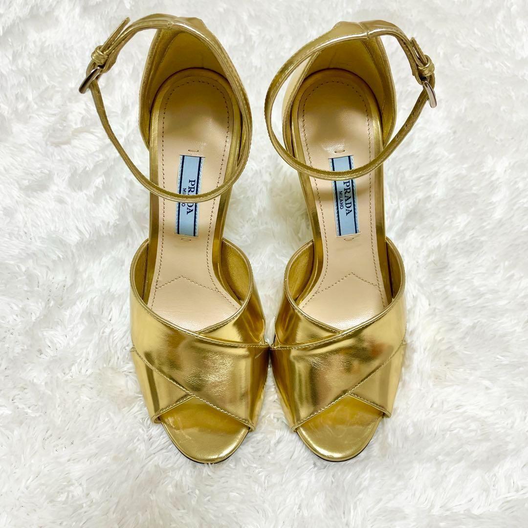 美品✨PRADA プラダ サンダル ハイヒール メタリック ゴールド 22.5