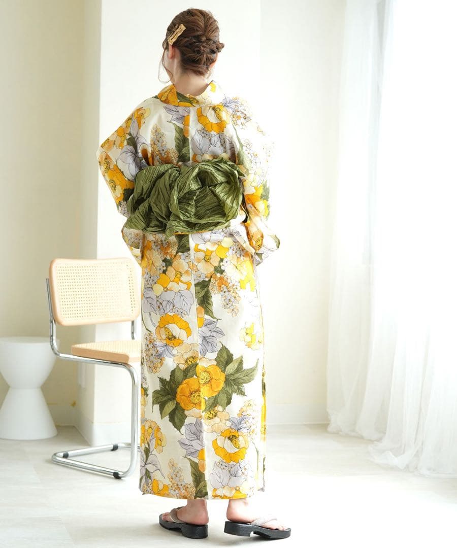 ウタタネ　花柄浴衣・帯セット（黄色・緑）