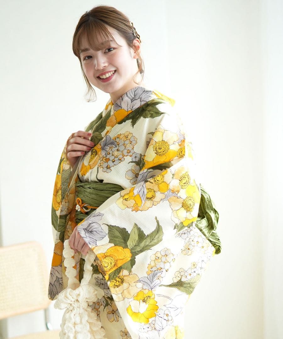 ウタタネ　花柄浴衣・帯セット（黄色・緑）