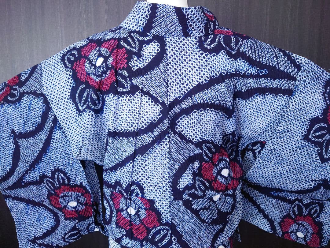 有松絞り　浴衣　椿　しつけ糸付　花