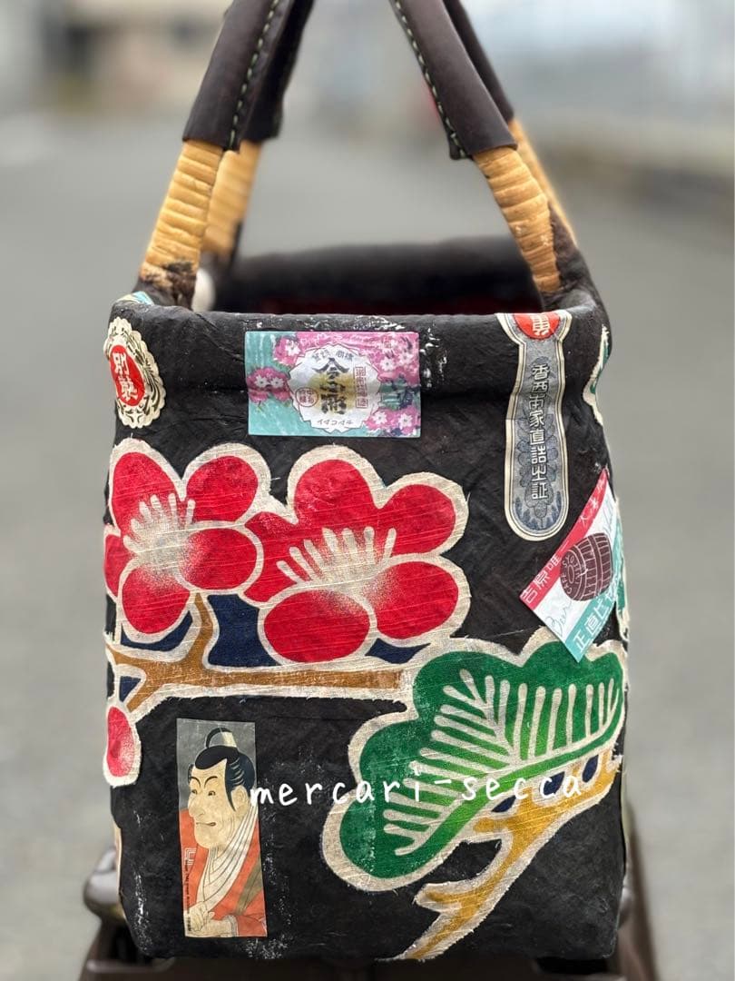 漆塗り一閑張りバッグ　鶴と亀　昭和レトロラベル