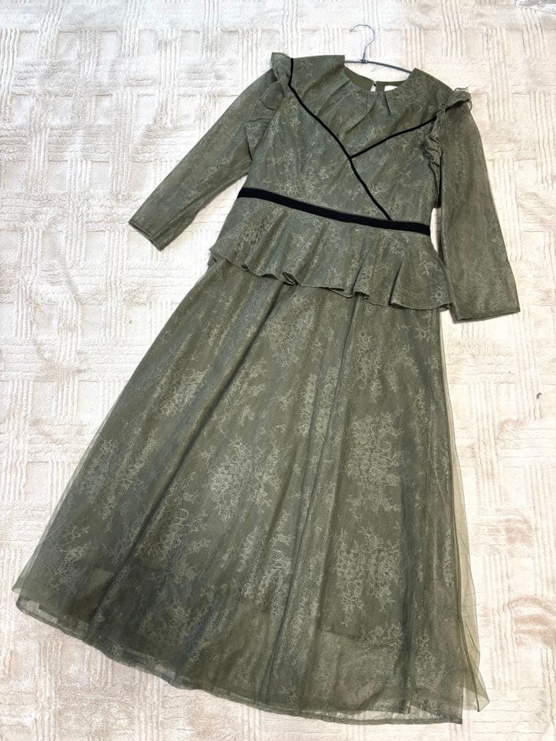 Leja 総レース花柄レイヤード配色フレア後ろリボン　ドレス　パーティードレス