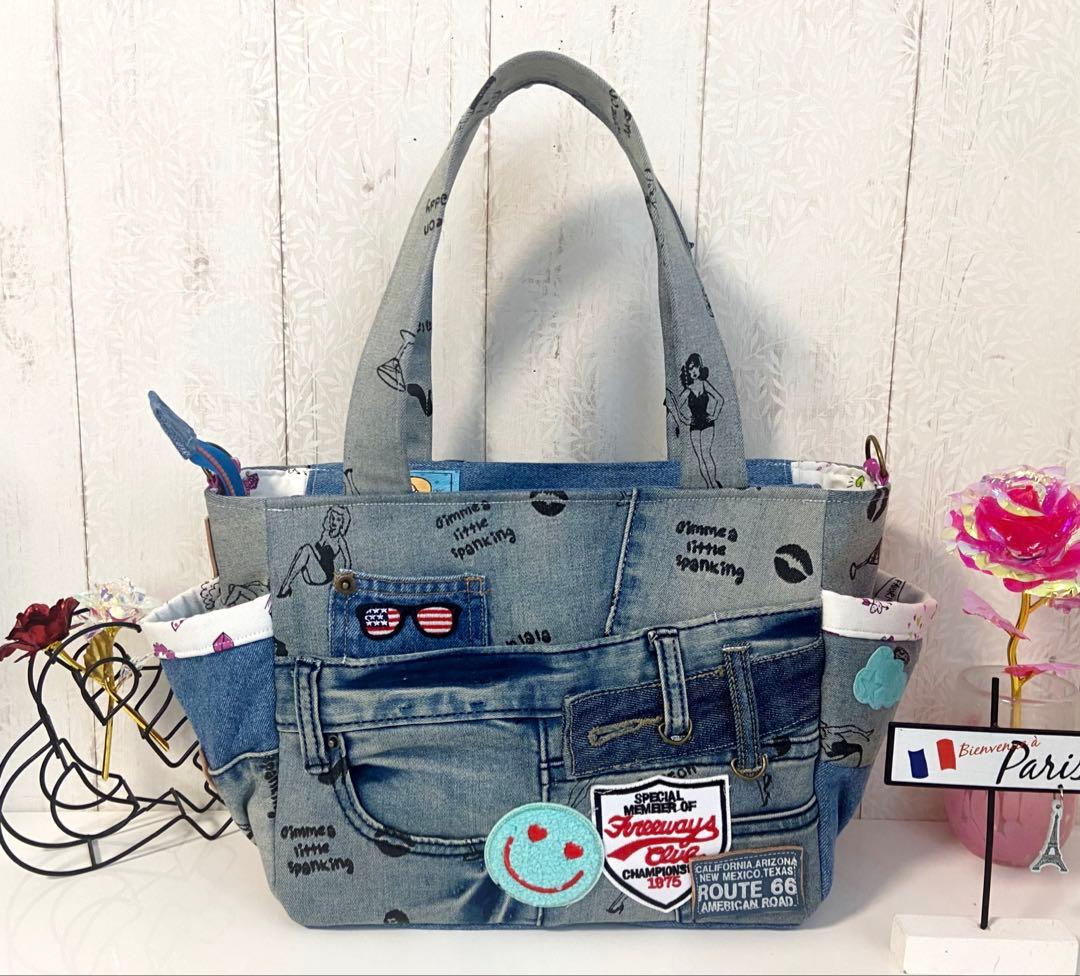 デニムリメイクバッグ　ワッペン沢山