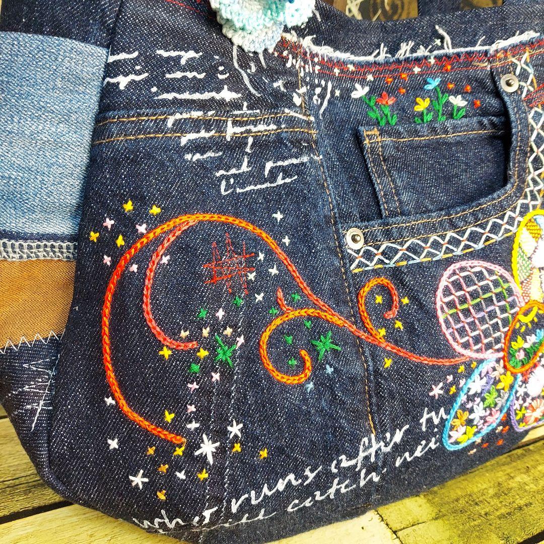 【MINMI】刺繍デニムバック　No.664　デニムリメイク