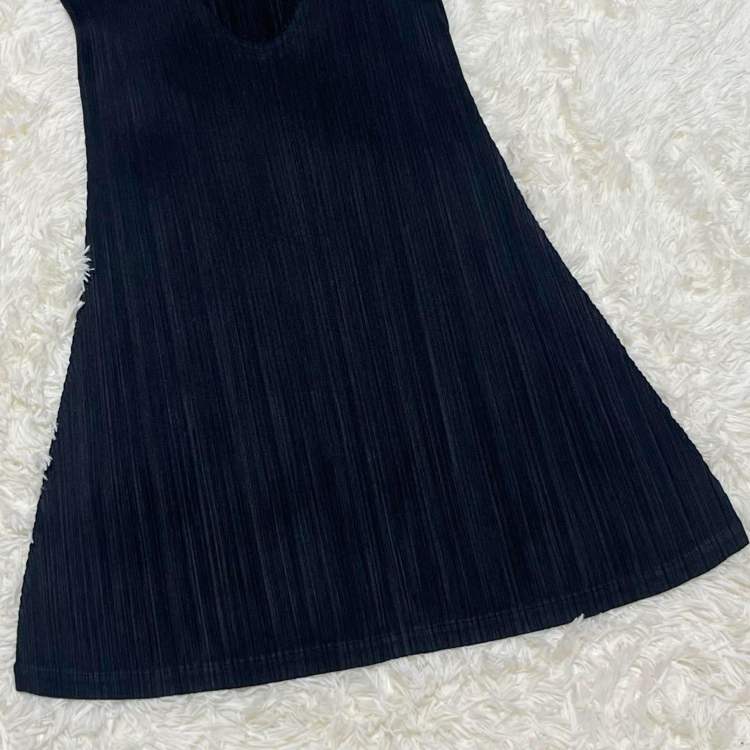 プリーツプリーズ　チュニック　Aライン　ワンピース　L フレンチスリーブ　黒