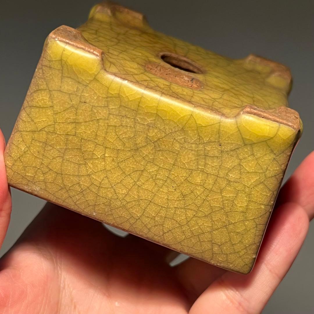 830.暁雲 黄貫入釉切立正方 盆栽鉢 植木鉢 8.2*8.2*4.9cm