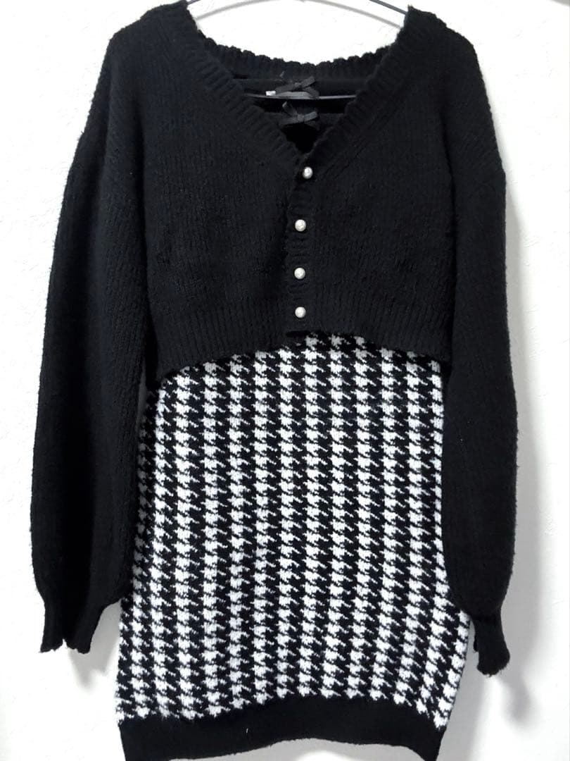 Pium 千鳥柄ニットワンピカーデセット