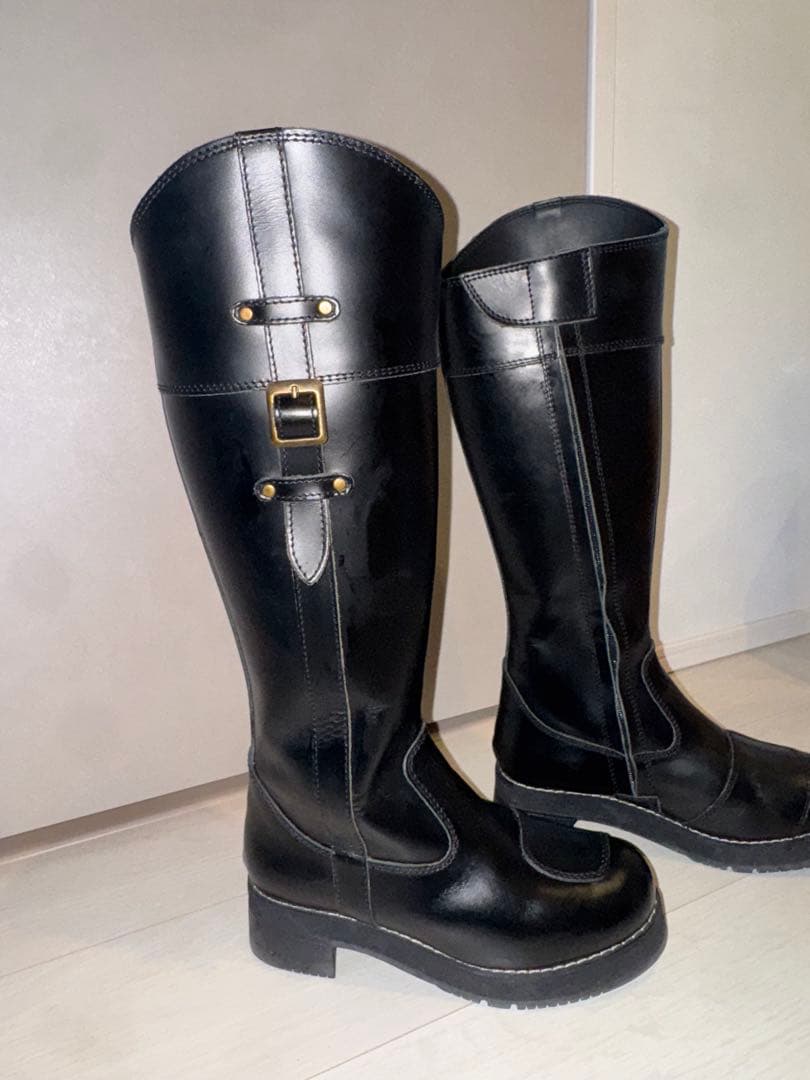 ピーコック厚底 ロングブーツ 本革バイクブーツ