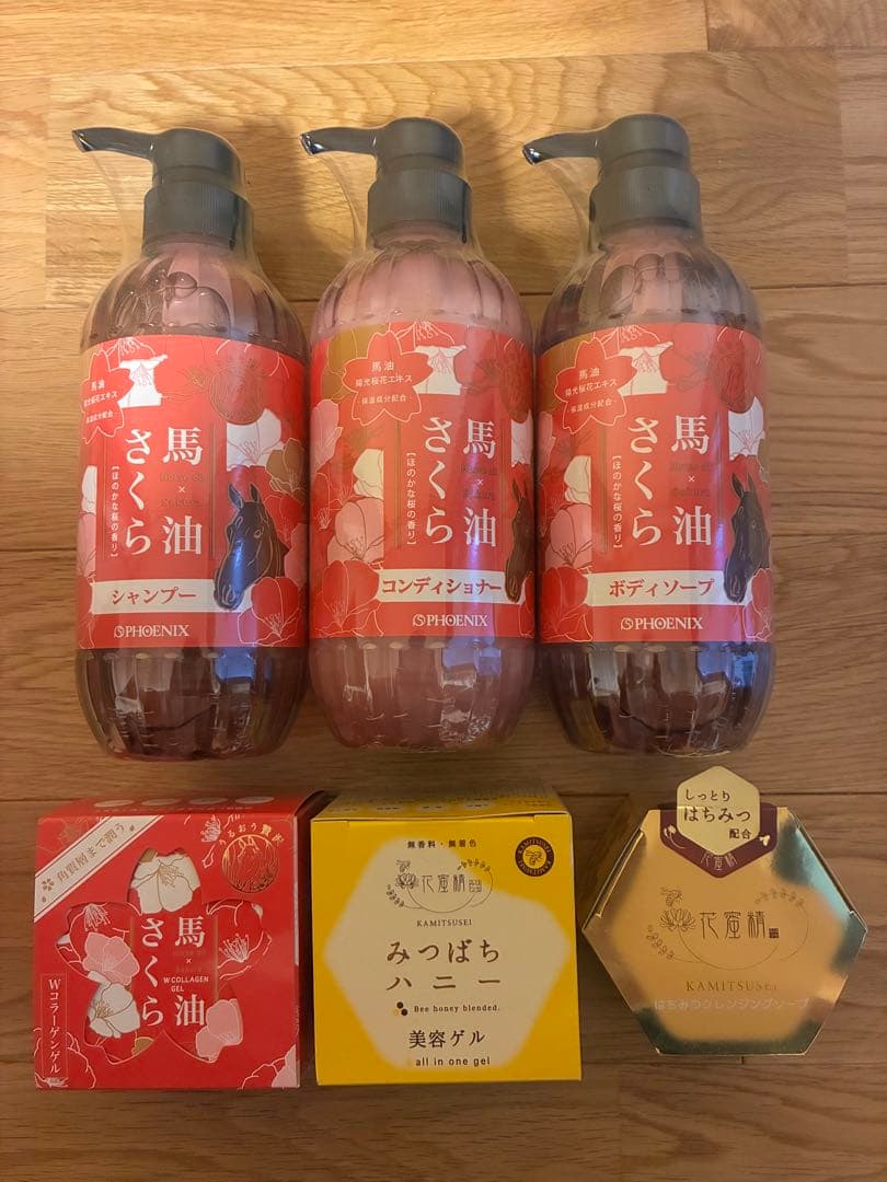 新品6点　馬油さくら3種＋馬油さくらWコラーゲン＋みつばちハニーゲル＋花蜜精石鹸