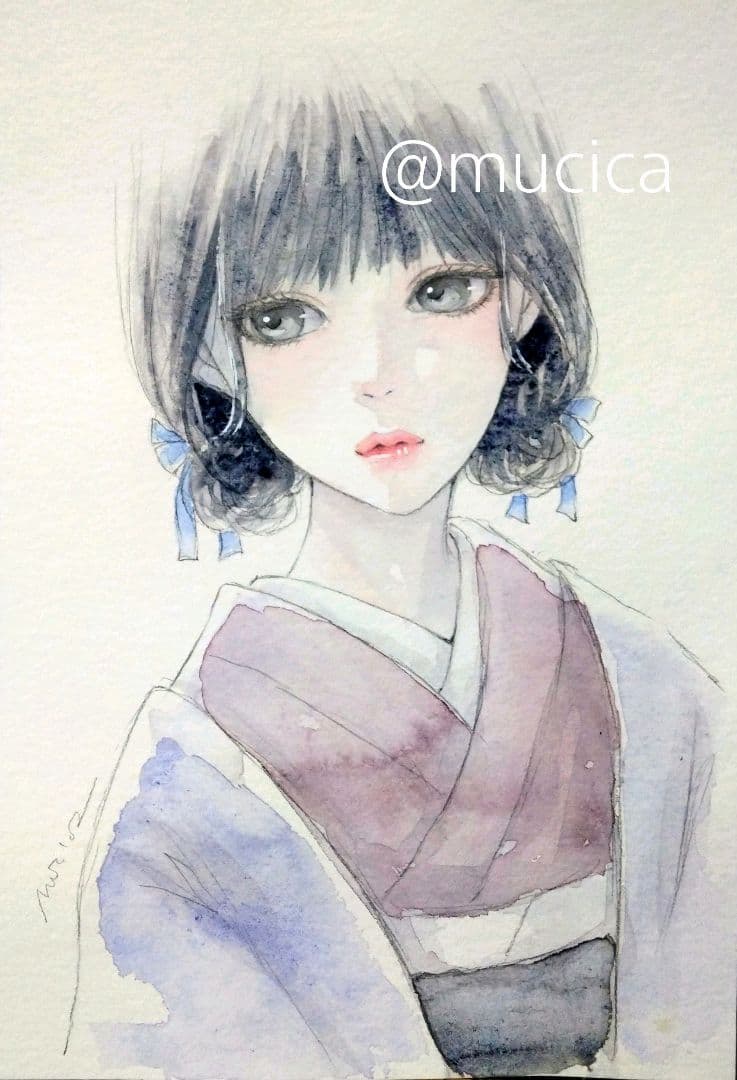 肉筆原画　手描きイラスト　絵画　オリジナル　アナログ　水彩画　美人画　和装