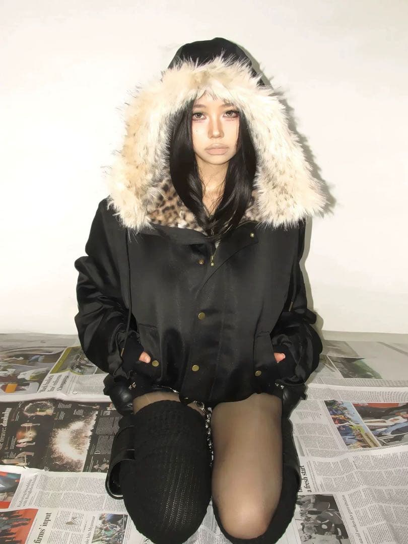 サブカル ヒョウ柄 ファーフードジャケット アウター Y2K 韓国 地雷系