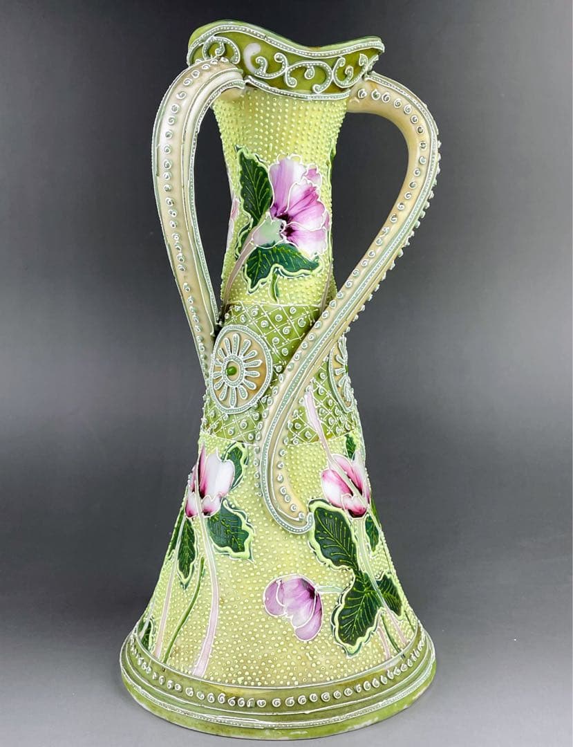 【希少】オールドニッポン 約２５．３cm 花紋 一陳盛上げ アールヌーボー 花瓶