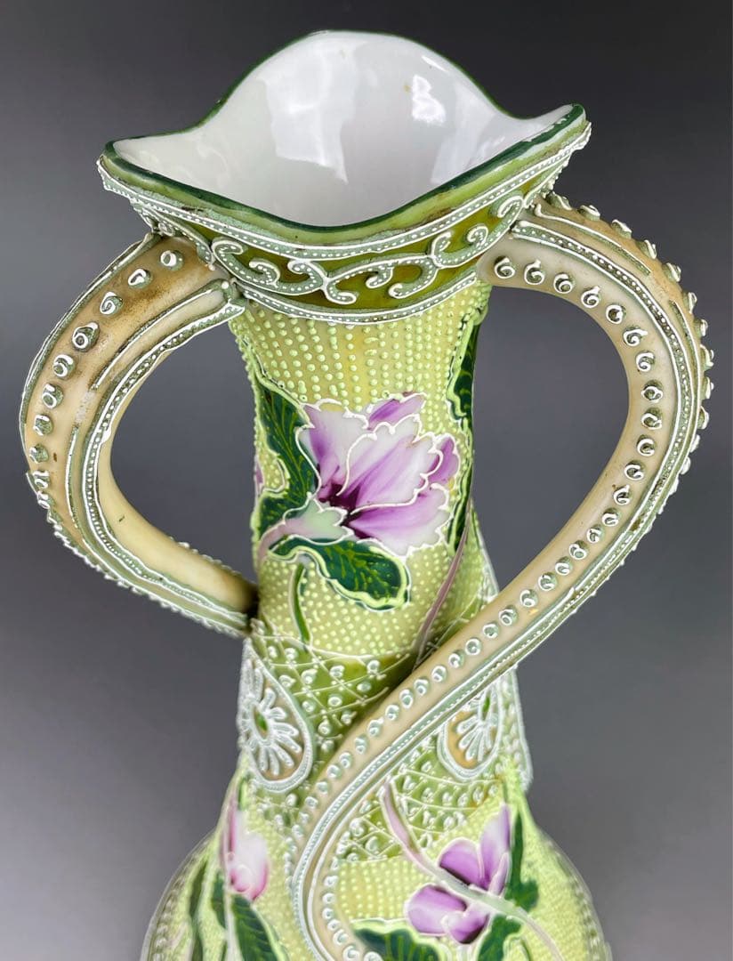 【希少】オールドニッポン 約２５．３cm 花紋 一陳盛上げ アールヌーボー 花瓶