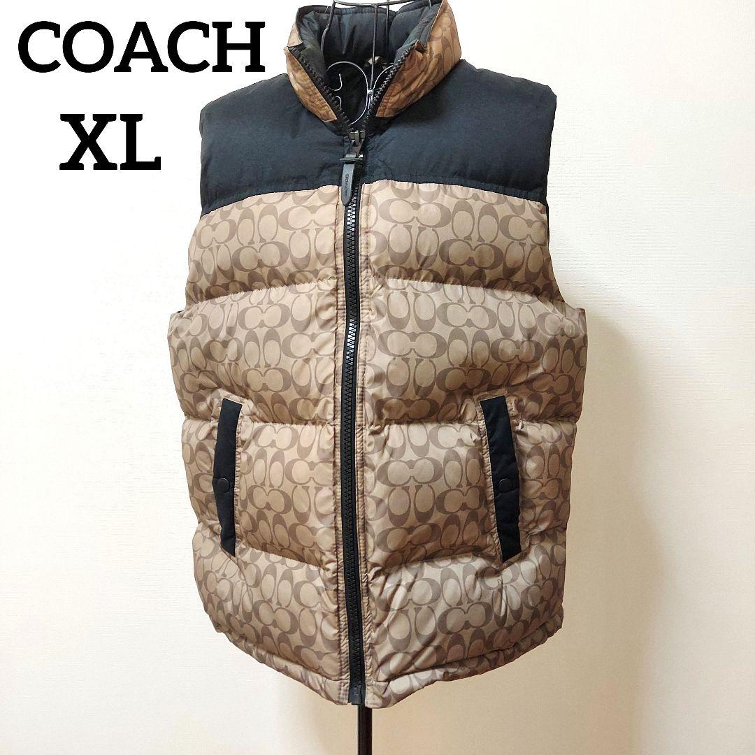 COACH ダウン ベスト 大きめ ベージュ ブラック シグネチャー ブラウン
