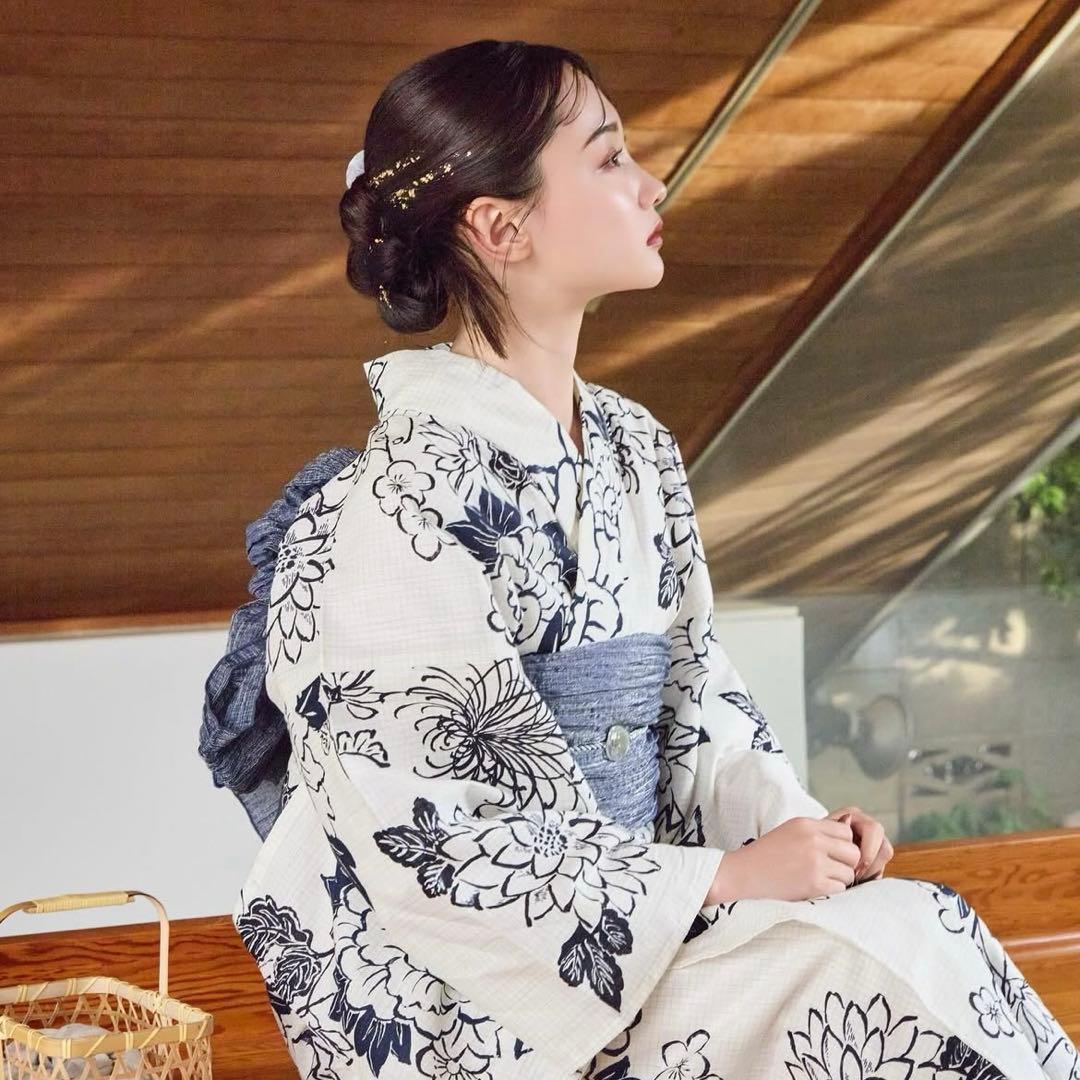 hinari 浴衣3点セット　牡丹/ネイビー/FREE