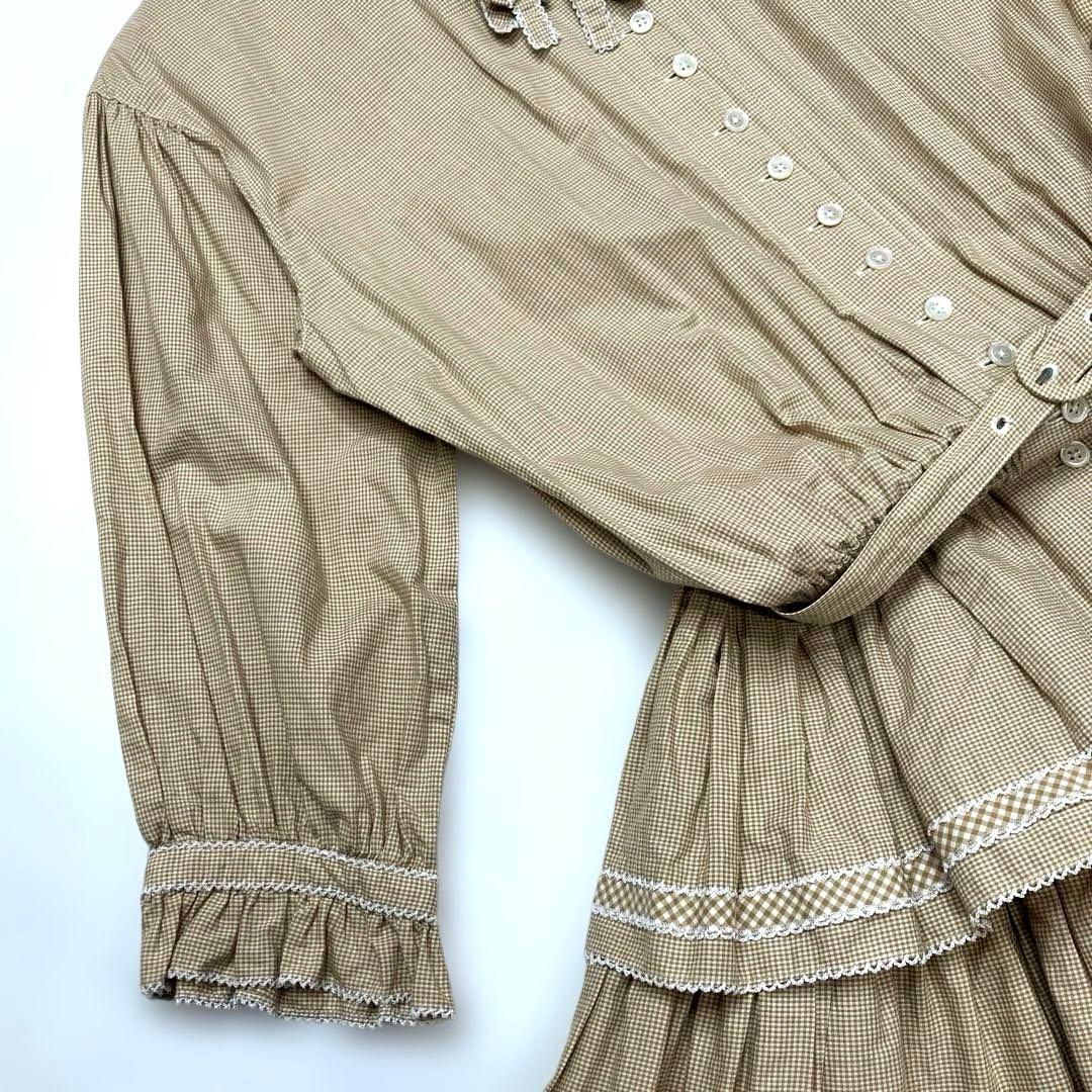 ワンダフルワールド ベージュギンガムチェック 段々ワンピース